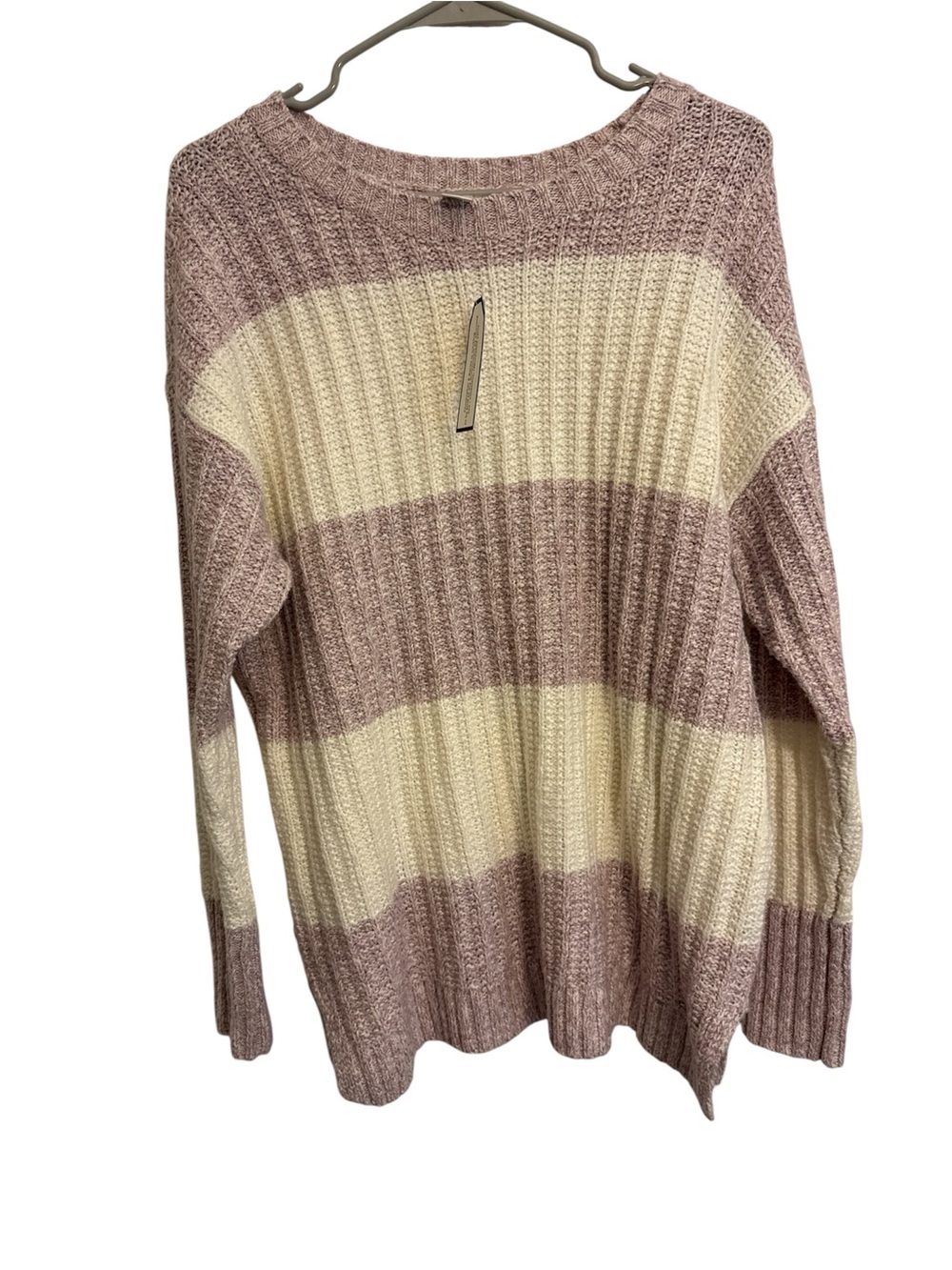 Women's Striped Crewneck Sweater - Cream & mauve Drop shoulder